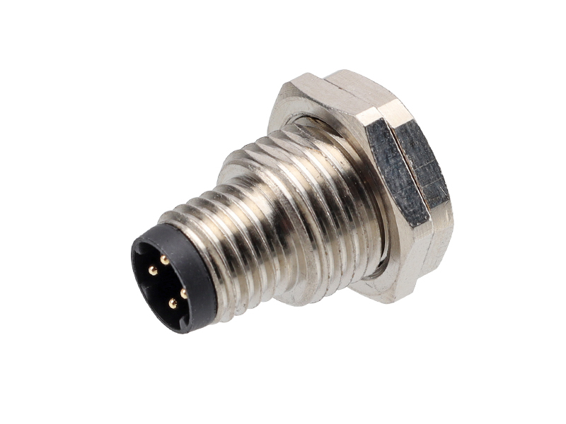 D CODE M8 DEVICE CONNECTOR PLUG M11x1.0 PANEL FRONT MOUNT 4P MALE SOLDER PINS